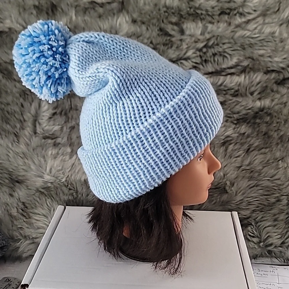 teen/Adult  Blue Knit Pom-Pom Beanie